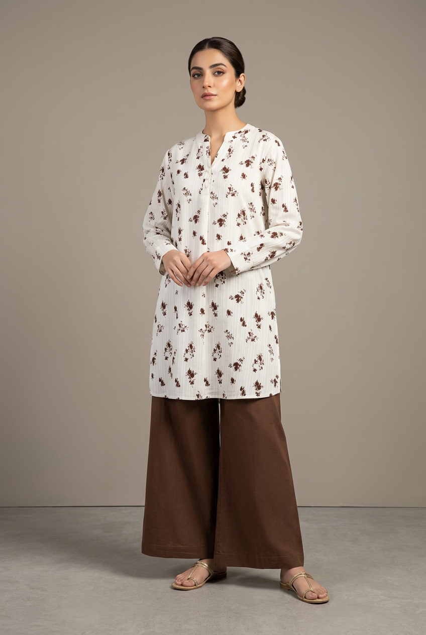 White Floral Kurta with Brown Palazzo Pants