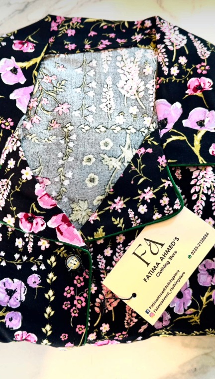 Shabnam Navy Floral Nightsuit — Pakistani night suit worn by model
