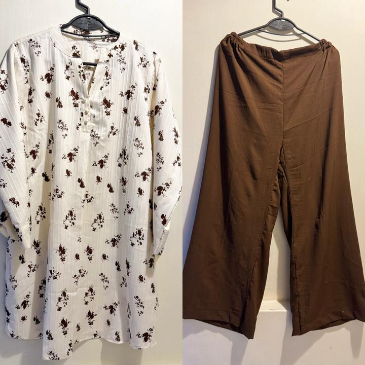 White Floral Kurta with Brown Palazzo Pants — actual product photo