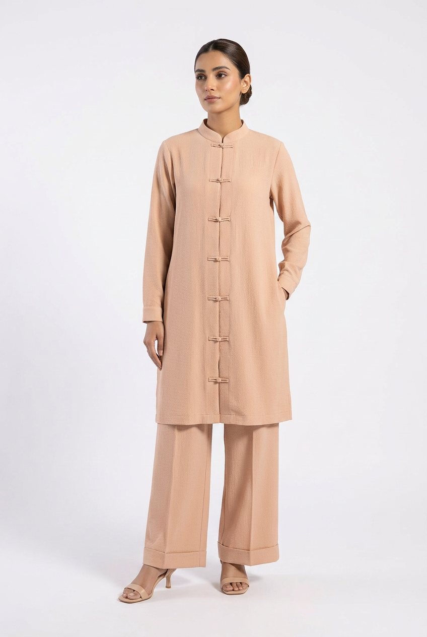 Rait Beige Frog-Button Cord Set — Pakistani outfit worn by model