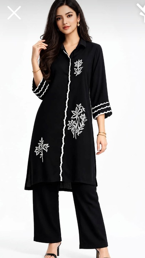 Noor Black Embroidered Cord Set — Pakistani outfit worn by model