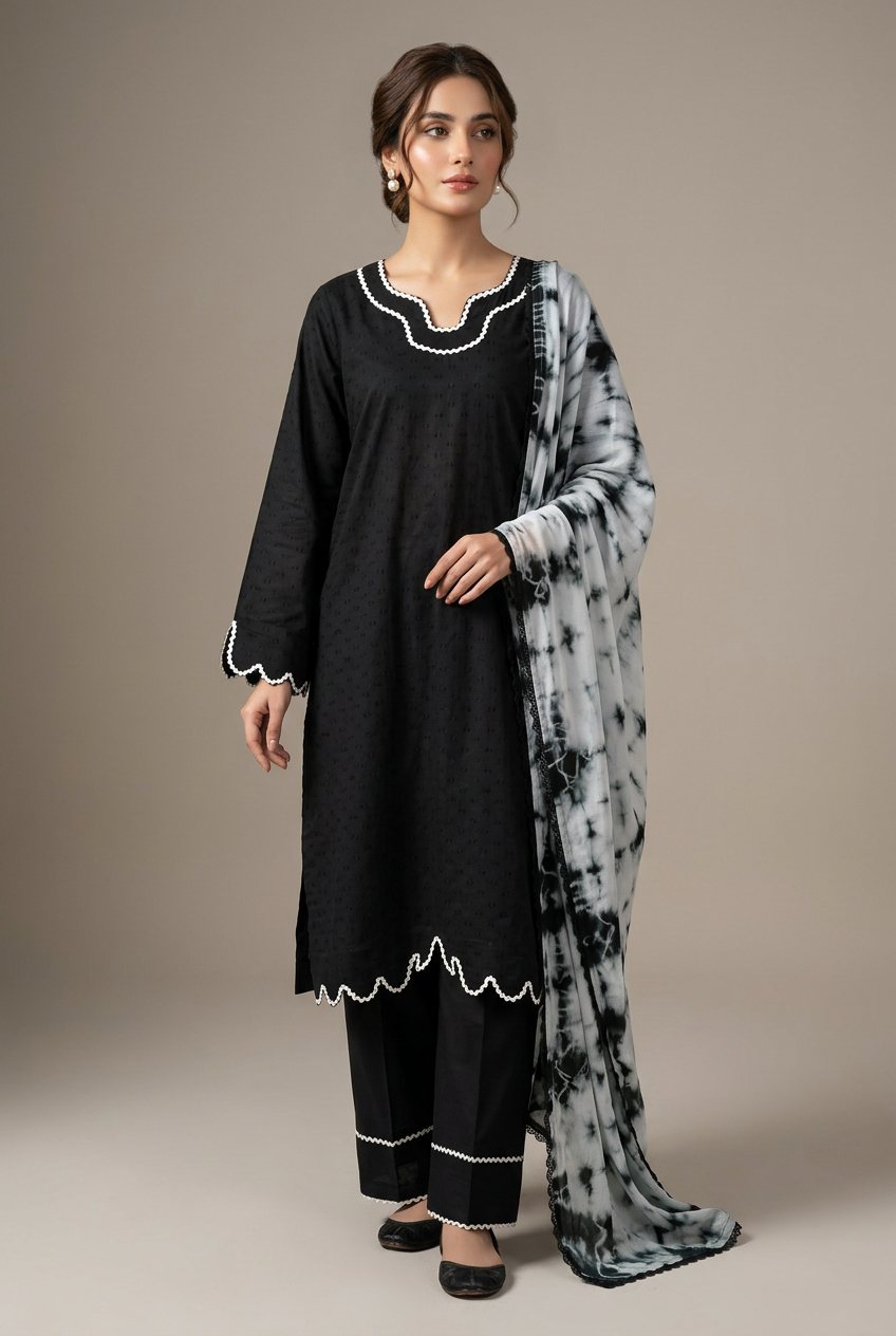 Black Scalloped Kurta with Tie-Dye Dupatta (3-Piece Set) — Pakistani outfit worn by model