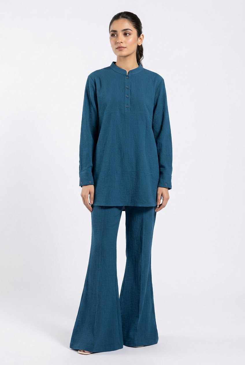 Neelam Blue Flare Trouser Set — Pakistani outfit worn by model