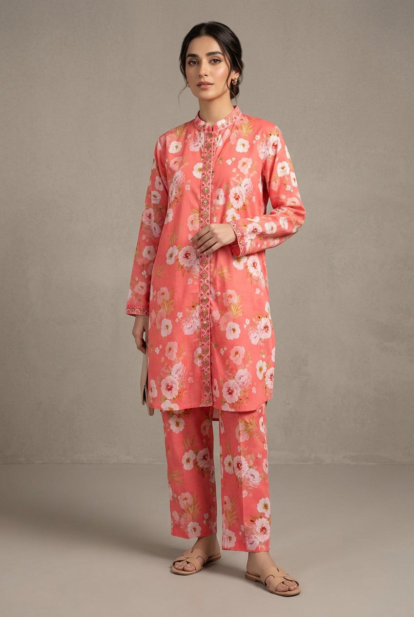 Pink Coral Floral Kurta & Pants — Pakistani outfit worn by model