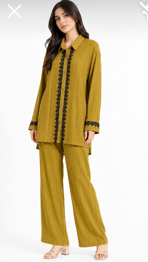 Zarin Mustard Gold Cord Set — Pakistani outfit worn by model