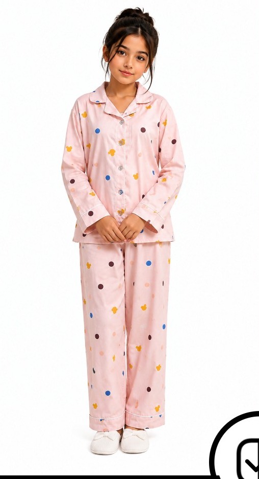 Nanhi Pink Polka Dot Kids Nightsuit — Pakistani outfit worn by model