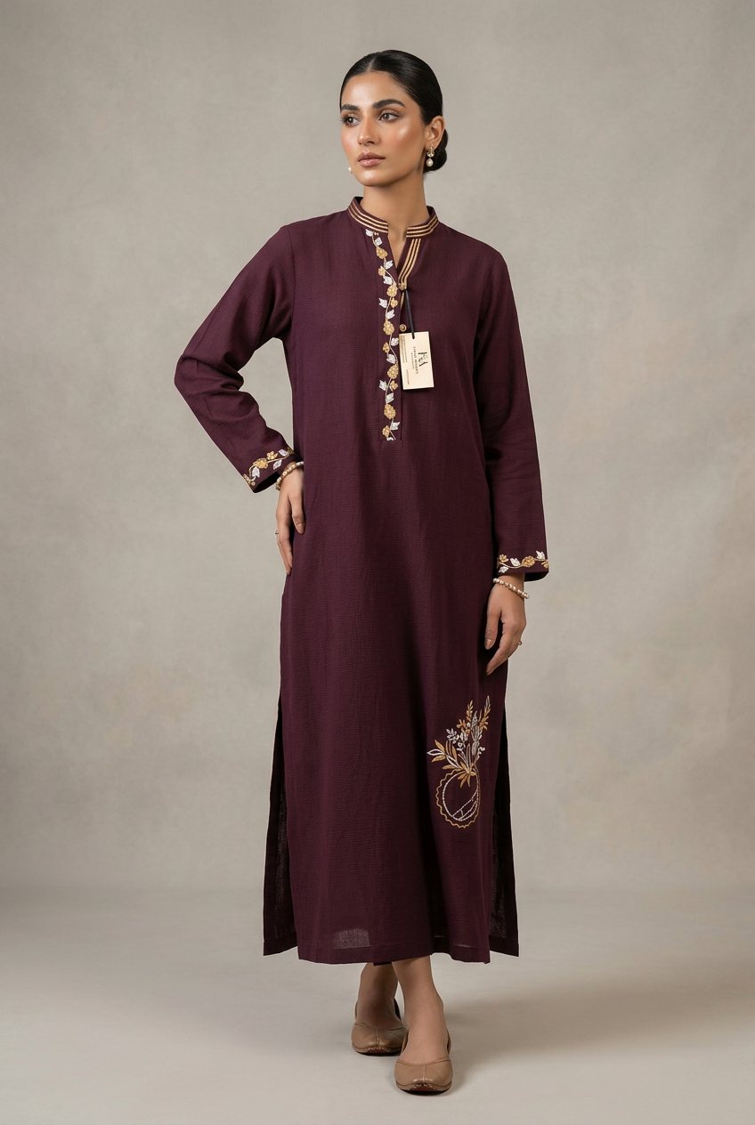 Maroon Embroidered Kurta with Gold Trim — Pakistani outfit worn by model