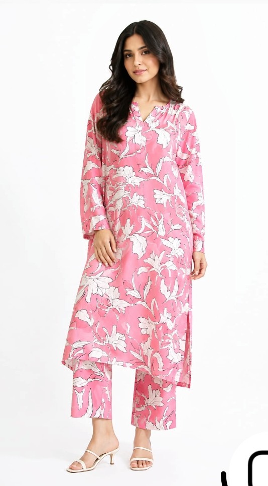 Gulaab Pink Blossom Printed Set — Pakistani outfit worn by model