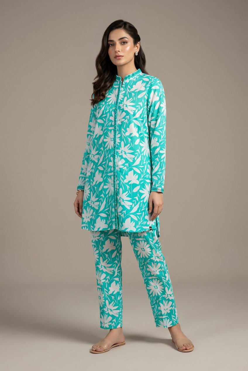 Turquoise Floral Print Kurta & Pants — Pakistani outfit worn by model