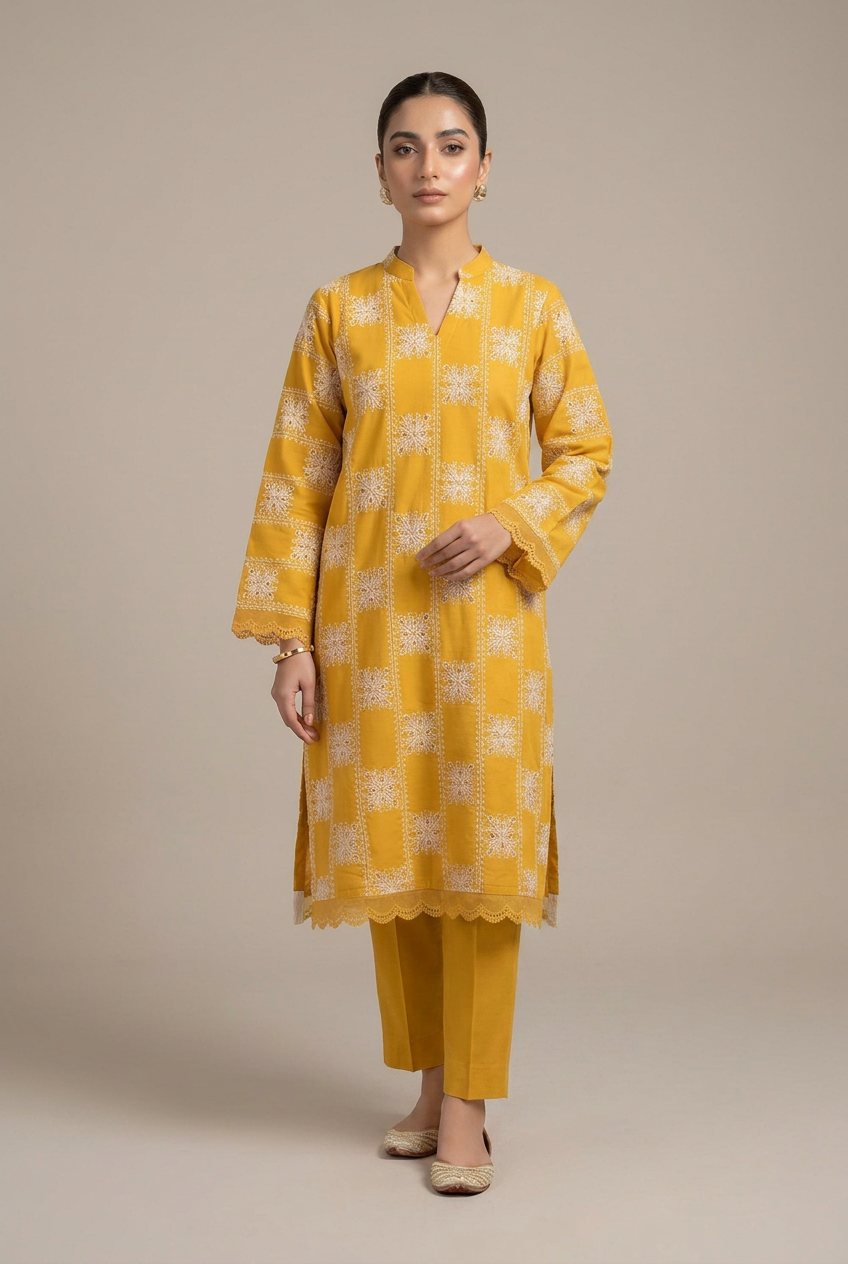 Yellow Chikankari Embroidered Kurta — Pakistani outfit worn by model
